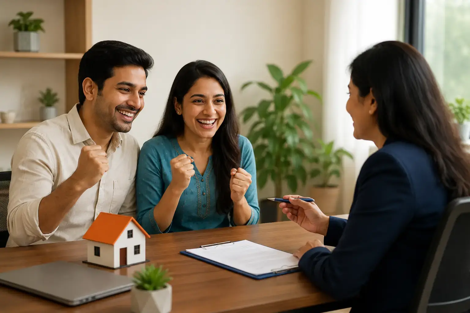 Indian couple happily receiving home loan approval from a Betterloanz advisor